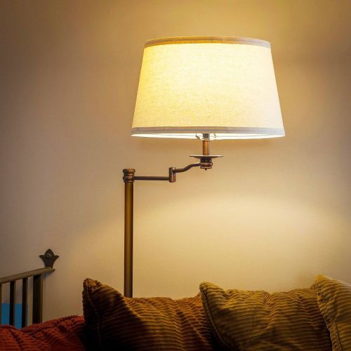 Brightech Caden Mid-Century (Includes LED Light Bulb) Swing Arm Arc Floor Lamp Oil-Brushed Bronze: 62" Height, Adjustable, Linen Shade, UL Listed