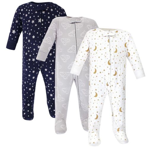 Hudson Baby Baby Cotton Zipper Sleep and Play 3pk, Navy Stars Moons, Preemie