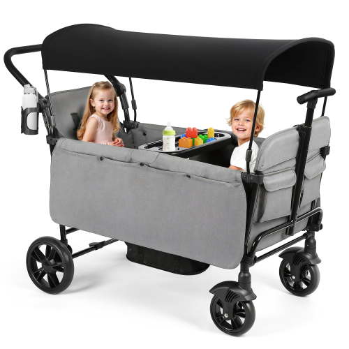 Vomeast Wagon Stroller for Kids,Spacious 2-Seater Stroller Wagon with Adjustable Canopy,Pull & Push Handle,5-Point Harness,Foldable for Toddlers, Grey