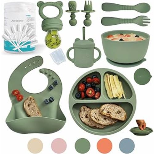 Baby Led Weaning Supplies | Silicone Baby Feeding Set Includes Suction Bowls and Plates, Baby Utensils Spoons and Forks,Cup for Toddler | Babies Eating Dishes Set 6-12 Months(Green)