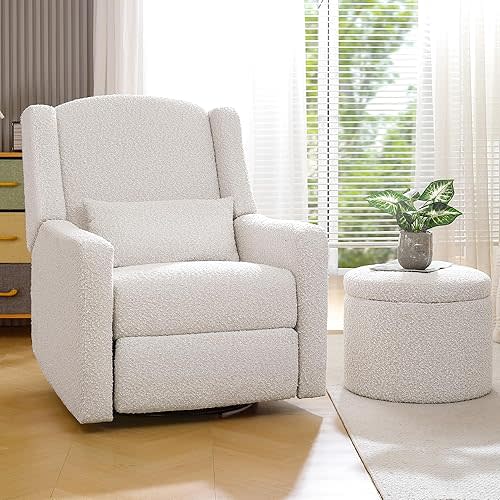 Power Recliner Chair Swivel Gilder Rocking Chairs Skin-Friendly Power Recliner Nursery Chair for Adults with Waist Pillow, USB Charging, Ottoman (Beige, Recliner Chair with Ottoman)