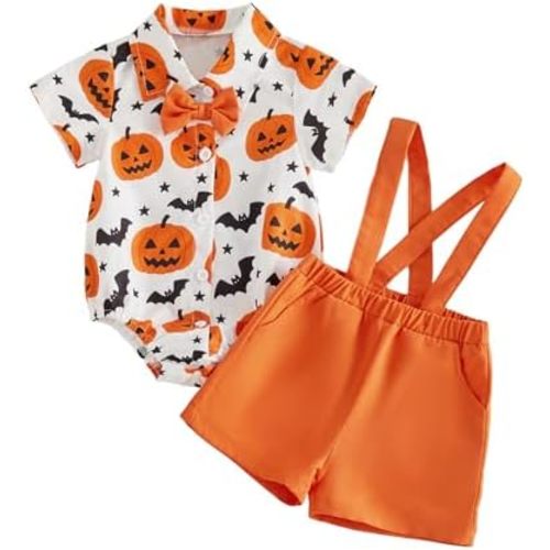 Baby Boy Halloween Outfit Ghost Pumpkin Button Down Shirt Romper Suspender Shorts Set Clothes Infant 2 Piece Clothes
