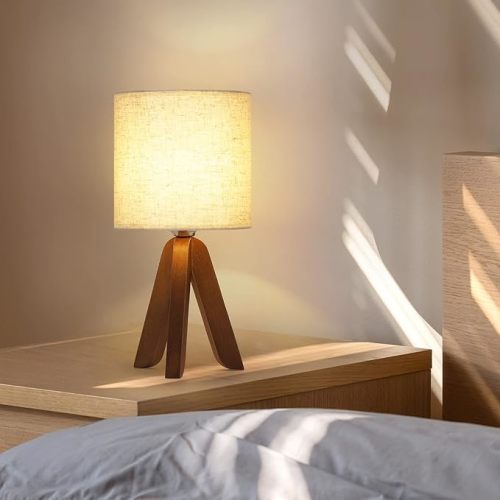 HAITRAL Wooden Tripod Table Lamp with Brown Base, Small Table Lamp Bedsides Lamp with Linen Fabric Shade, Nightstand Lamp Cute Night Lamp for Bedroom,Kids Room,Nursery,Dorm