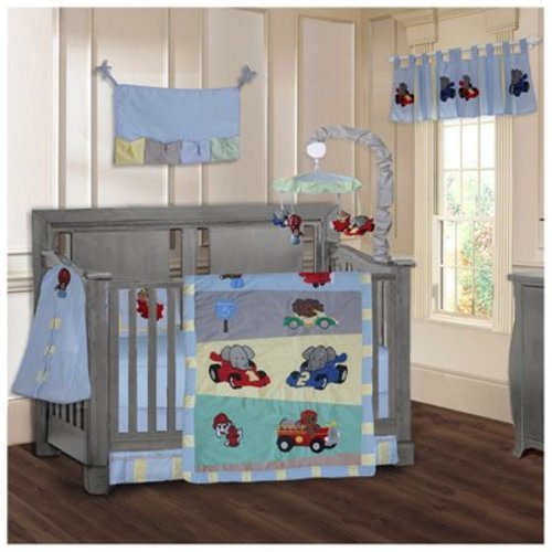 BabyFad Animal Zoom 9 Piece Contemporary Crib Bedding Set Green Blue Multicolor