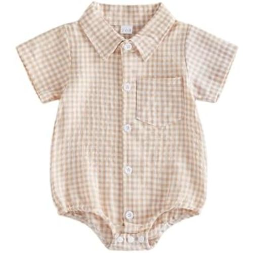 Infant Baby Boy Button Up Bodysuit Shirt Onesie Plaid Lapel Short Sleeve Gentleman Romper Jumpsuit Summer Clothes