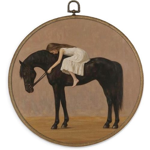 MAQIKA Vintage Western Girl and Horse Framed Wall Art Decor, Rustic Farmhouse Round Wall Hanging Decor, Antique Western Canvas Prints Wall Art for Girls Nursery Room Bedroom Home, 10x10 Inch