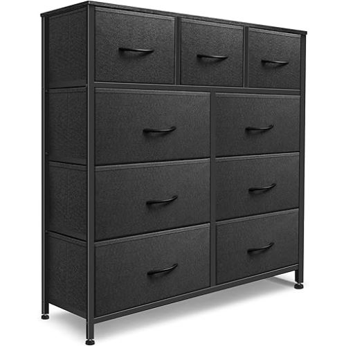 Dresser for Bedroom with 9 Drawers, Chest of Drawers, Storage Drawers Organizer Unit, Black Wide Fabric Dresser with Fabric Bins for Closet, Living Room, Entryway (Charcoal Black)