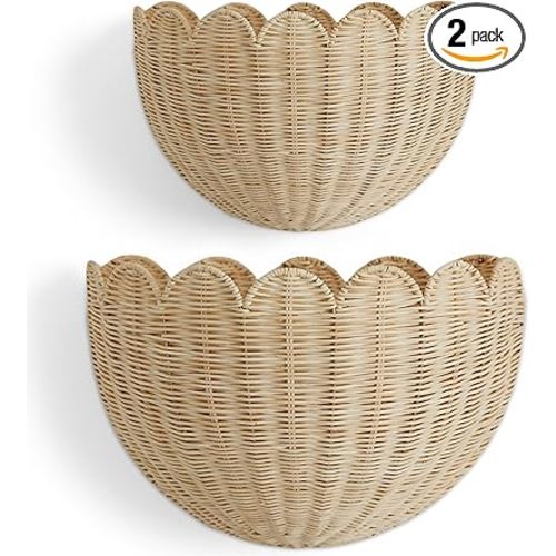 BEBE BASK The Original Scalloped Wicker Wall Basket – Set of 2 – Handwoven Scalloped Wall Baskets (16 x 10 x 7 in), Woven Rattan Wall Hanging Baskets - Natural Scalloped Basket