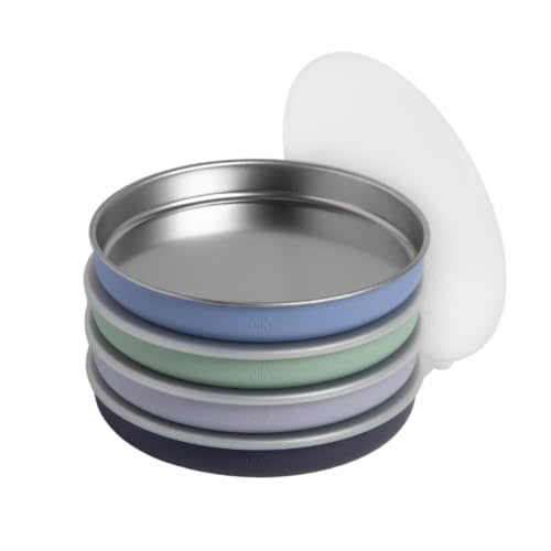Elk and Friends 7.8” Stainless Steel Non Divided Plates with Silicone Sleeve + Storage Lid | Baby, Toddler, Kids | Dishwasher Safe | Dinner & Snack Plates | 4 Pack