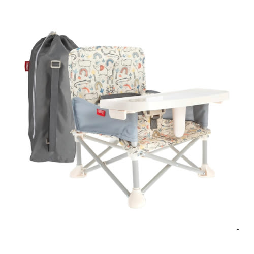 Nuby Pop-Up Booster Seat with Removable Tray - 6+ Months - Portable Booster Seat for Floor for Indoor/Outdoor Use - 3-Point Safety Adjustable Straps - Summer Travel Essentials - Safari