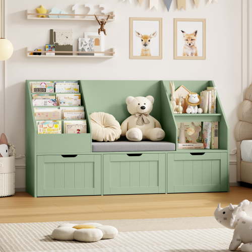 Homfa, Kids Bookshelf with Reading Nook & 3 Movable Drawers, Green