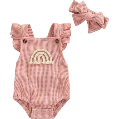 Engofs Boho Rainbow Baby Girl Clothes Newborn Infant Ruffled Sleeveless Romper with Headband Outfit