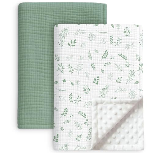 2 Pack Muslin Baby Blankets for Boy Girl, Soft Nursery Blanket, Leaf | 40x40 In, Super Soft, with Cotton Front and Double Layer Dotted Backing, Lightweight Breathable Bedding for Infant Toddler