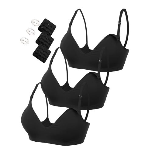 HOFISH Maternity Nursing Bras for Breastfeeding, 3 Pack Pregnancy Deep V Neck Wireless Bra with Extenders & Clips