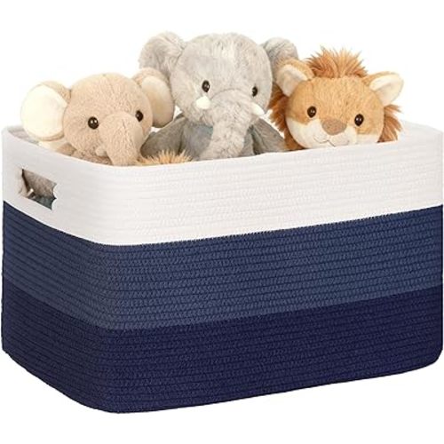 45L Small Laundry Basket with Leather Handles for Living Room Storage, Woven Rope Baskets Bin for Blanket, Kids Toy, Gifts, Wicker Hamper for Bedroom Dirty Clothes, 18"x14"x11" Gradient Blue