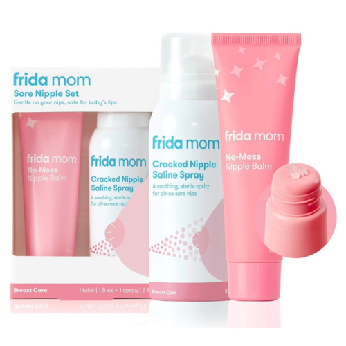 Frida Mom Nipple Cream and Saline Spray Set, Breastfeeding Essentials for New Moms, Cracked Nipple Saline Spray and No-Mess Cream, 2pc Set