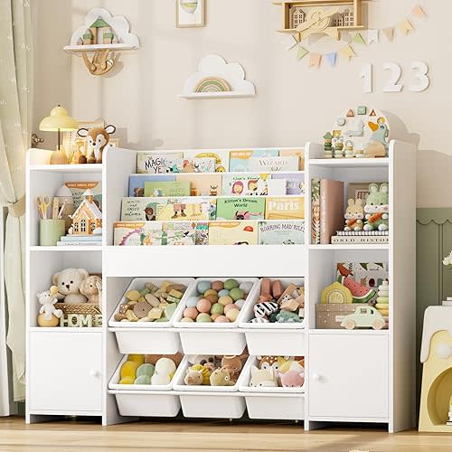 FINETONES Toy Storage Organizer with 6 Toy Bins, Toy Organizer Kids Bookshelf with 6 Cubbies, Toy Organizers and Storage Bins Playroom Storage for Kids Room, White