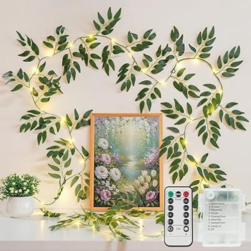 Willow Vine with Fairy Lights Battery Operated, 12ft 40 LED Artificial Plants Lights with Remote, Hanging String Lights for Bedroom, Wall, Garden, Party, Wedding Decor (Warm White)