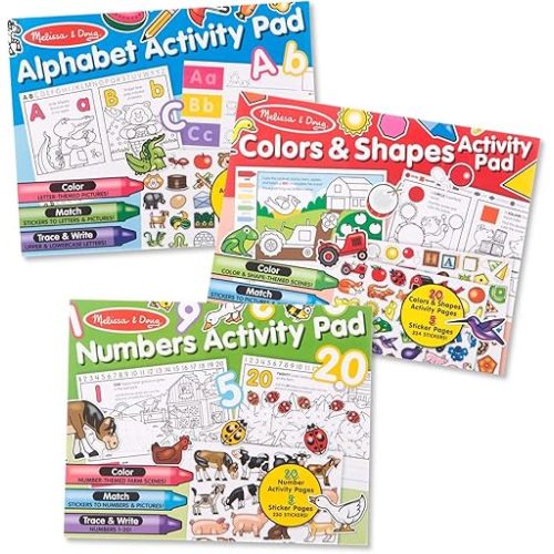 Melissa & Doug Activity Pad Bundle - Alphabet, Colors & Shapes & Numbers Sticker and Coloing Activity Books for Girls and Boys, Great Travel Toy