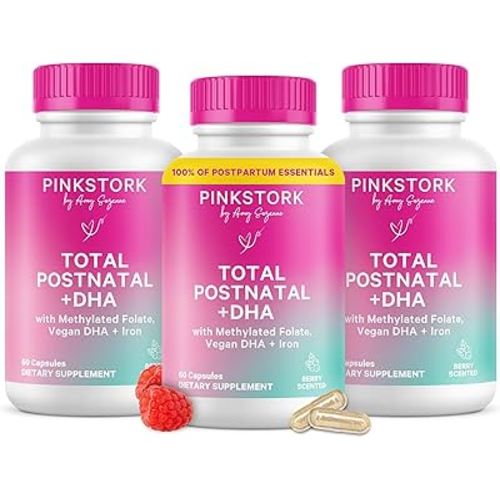 Pink Stork Total Postnatal Vitamins for Women with Vegan DHA, Iron, Folate, and Vitamin B12, Postpartum Recovery Essentials, Daily Supplement for Breastfeeding Moms - 3 Month Supply