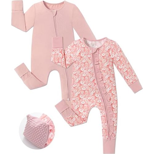 JunNeng Baby Girl Viscose from Bamboo Sleeper with Mitten Cuffs, 2 Way Zipper Romper, Sleep N' Play Pajamas 0-18 Months