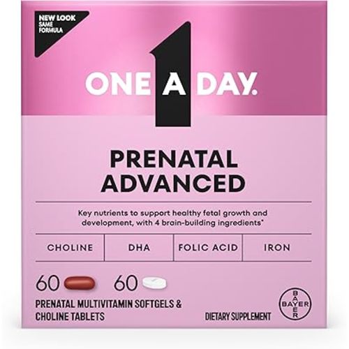 One A Day Prenatal Advanced- Prenatal Vitamins with Folic Acid, Choline, DHA & Iron, Pregnancy Vitamins for Women to Support Baby’s Development, 60+60 Ct (120 Total Set) (Packaging May Vary)