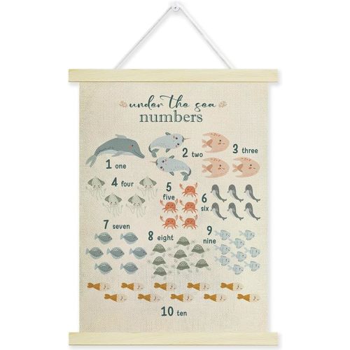 Ocean Animals Numbers Poster Hanger Frame, Under The Sea Numbers Learning Wall Decor for Nursery Room Playroom Classroom, Kids Toddler Learning Poster Wall Art with Wooden Frames, 12x16 Inches -03