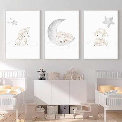 VLOLIFE, Cartoon Baby Animal Picture Sheep Nursery Poster Art Canvas Painting Nordic Kid Child Bedroom Decoration Unframed (12X16inchX3 Unframed)