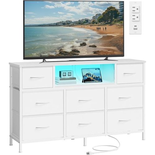 SONGMICS Dresser for Bedroom with Outlets & LED Lights, 8 Fabric Drawers