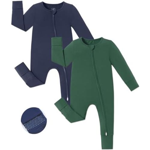 Bamboo Sleeper with Mittens, 2 Way Zipper Baby Boy Pajamas, Non Slip Sleep'N Play Romper