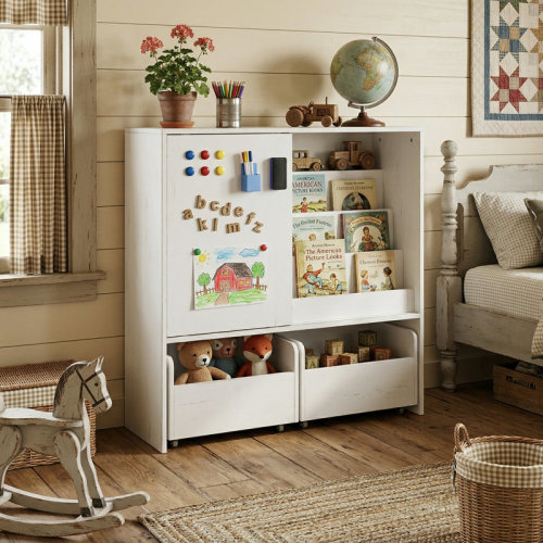 3-In-1 Kids Bookcase With Sliding Door & Rolling Toy Bins | Wayfair
