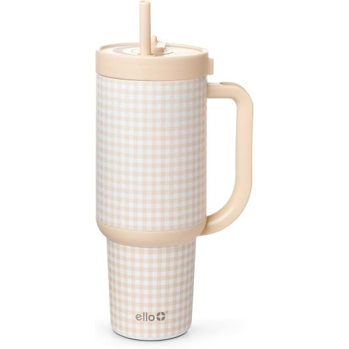 Ello Oasis 40oz Insulated Stainless Steel Tumbler with Straw, Beige Gingham