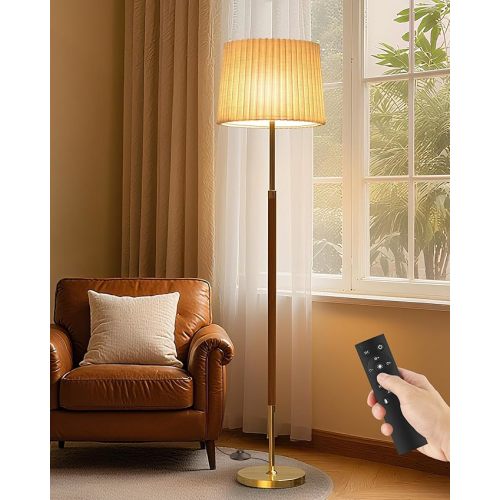JOOFO Mid-Century Modern Wood Floor Lamp with Dual Fabric Shade, Remote Control, Dimmable & Adjustable Color Temperature, Reading & Living Room Lamp, Easy Clean Cover, Foot Switch,Walnut Wood