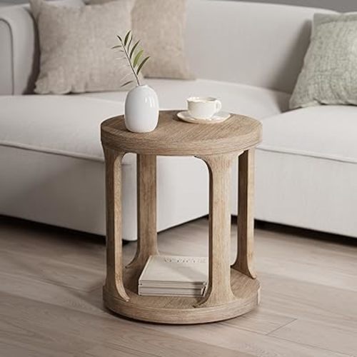 Farmhouse End Table Wood Round Side Table for Small Space Rustic Small Pedestal Table for Living Room, Office, Couch, Distressed Wood Grey Finish