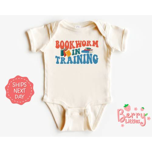 Bookworm in Training Baby Reveal Onesie® - School Librarian Baby Announcement - Bookworm Infant Vintage Natural Bodysuit Onesie® BRY-0548