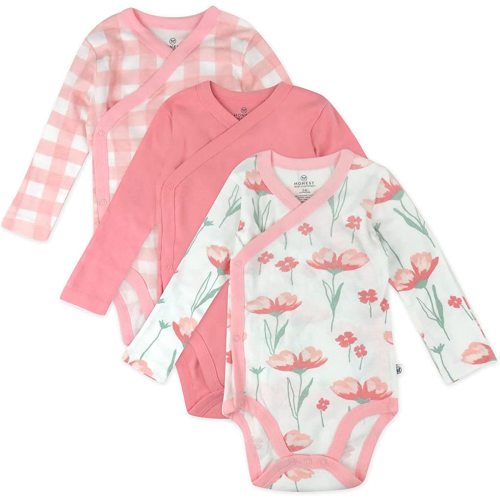 HonestBaby Lot de 3 bodies kimono unisexes à manches longues en coton bio avec boutons-pression latéraux pour bébé