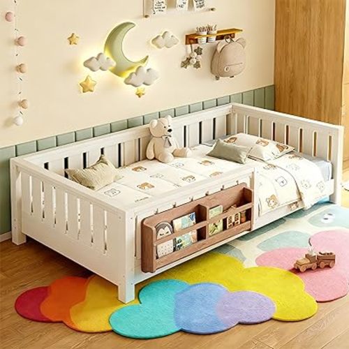 Bellemave Twin Floor Bed Frame with Fence & Bookshelf, Solid Pine Wood Twin Montessori Floor Bed with Slats Load 300LBS, Low Profile Floor Bed for Kids, Bedroom, Nursery, Easy Assembly, Beige