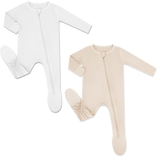 HAPIU Rayon from Bamboo Baby Pajamas Sleepers Footies, 2 Way Sturdy Zipper | Ultra Soft & Breathable for Sensitive Skin, Stretchy, with Mittens, Easy Diaper Changes, Baby Girls Boys, Newborn -24 Months