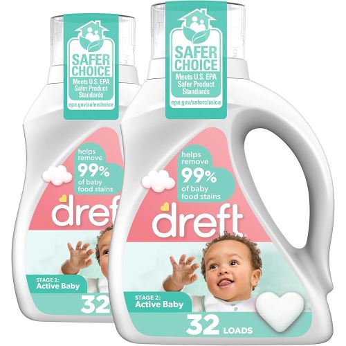 Dreft Active Baby Liquid Laundry Detergent, Helps Remove 99% of Baby Food Stains, Hypoallergenic, 2 pack, 32 loads each