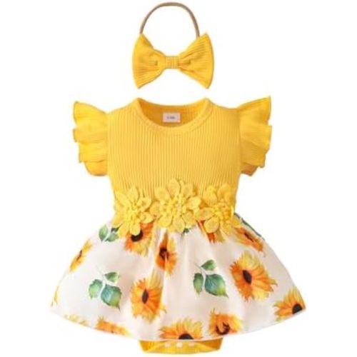Newborn Baby Girl Clothes Floral Romper Dress Infant Ruffle Sleeveless Summer Outfits with Headband Set