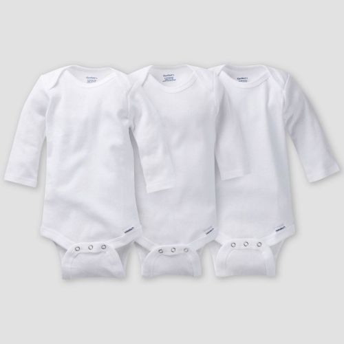 Gerber Baby 3pk Long Sleeve Onesies Bodysuit - White 3-6M: Cotton Crew Neck, Adjustable Snap Closure