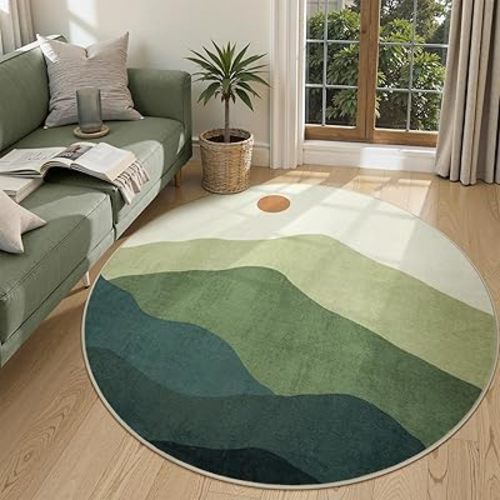 Sunrise Circle Area Rug 5ft, Large Round Rugs for Living Room Non-Slip Washable Bedroom Carpet, Mountain Modern Throw Mat for Dining Room Nursery Classroom(Green)