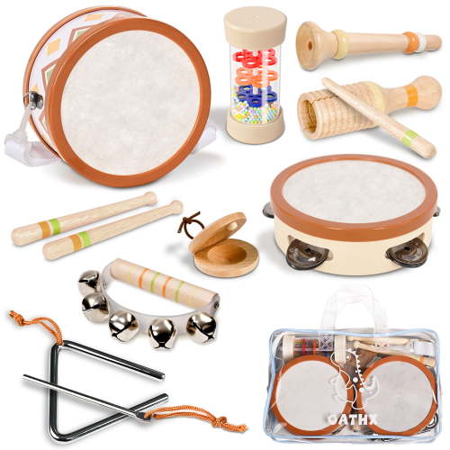 OATHX Kids Drum Set Tambourine Maracas Toy Drum Baby Music Kit Wood Musical Instruments for Toddler
