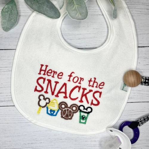Here for the Snacks, Disney Snacks Embroidered Waterproof Baby Bib, First Disney Trip Bib - Customize your colors!