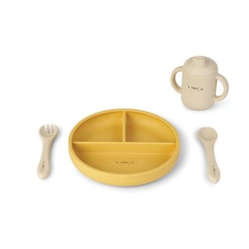 SARO "Food & Fun" 3-Piece Silicone Baby Feeding Set - Mustard + Sand: Suction Plate, Spill-Proof Cup & Utensils for Infant Self-Feeding