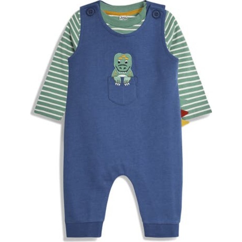 Long Sleeve Stripe Cotton T-Shirt & Dino Overalls Set, 6-12M