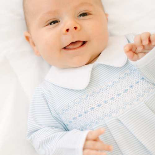 Benjamin Smocked Long Sleeve Bubble - Light Blue