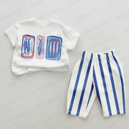 Baby Canned Sardines Blue Vertical Striped 2-piece Set