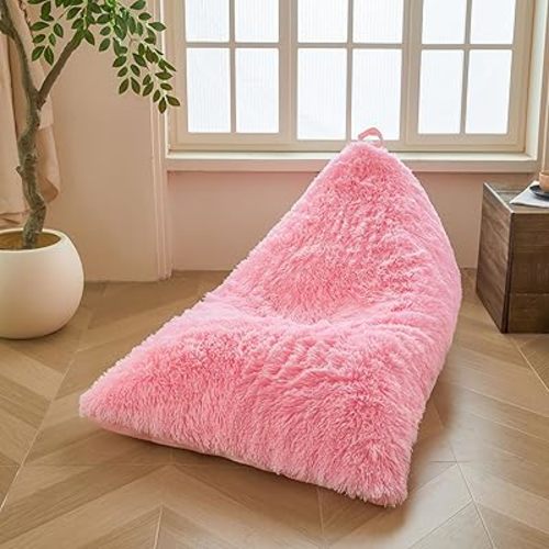 XeGe Fluffy Kids Stuffed Animal Storage Bean Bag Cover (No Filler), Plush Fuzzy Faux Fur Beanbag Organizer with Handle for Teens Girls Adults, Shaggy Furry Plush Toys Holder Floor Lounger Chair, Pink