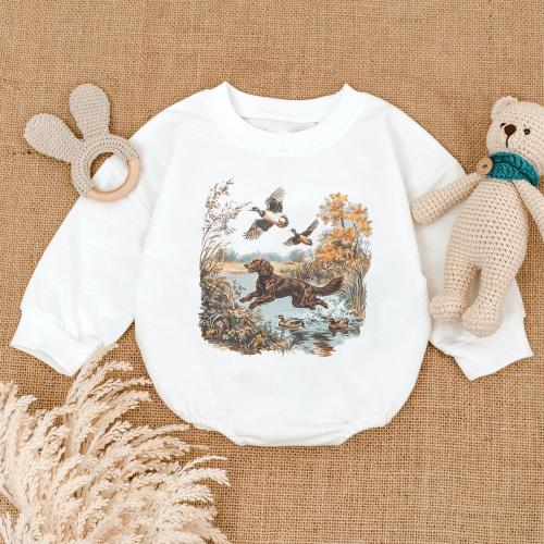 Vintage Duck Hunting Baby Romper, Mallard Duck Bodysuit, Hunting Dog Onesie, Rustic Fall Country Baby Outfit